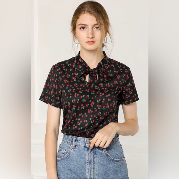 Allegra K Tops - Bow Tie Neck Short Sleeve Printed Chiffon Blouse Black-Cherry SZ XL